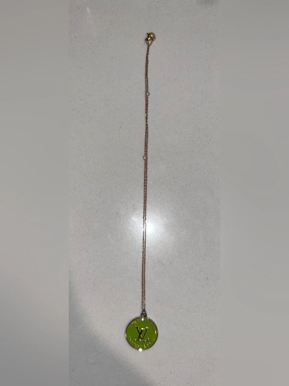 Louis Vuitton Green Enamel LV Disc Pendant Necklace in Gold-Tone